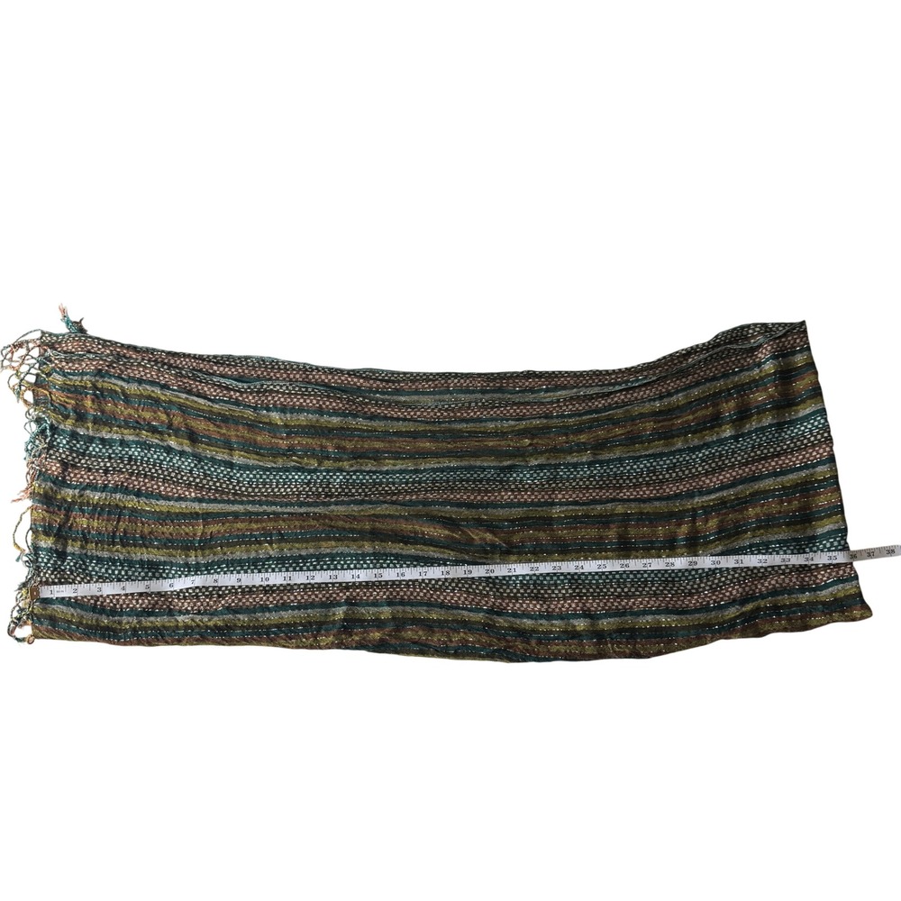 Striped Metallic Shimmer Fringe Shawl Scarf Green Brown Boho Chic Retro Artisan - Picture 5 of 8